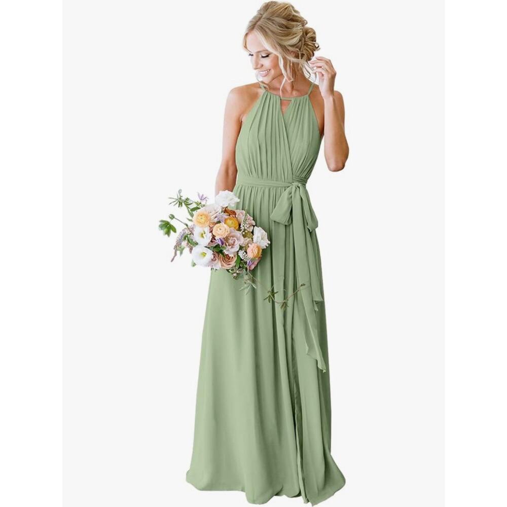 Sage Green Halter Neck Chiffon Maxi Gown Size 4 Side Slit Bridesmaid Formal NWT